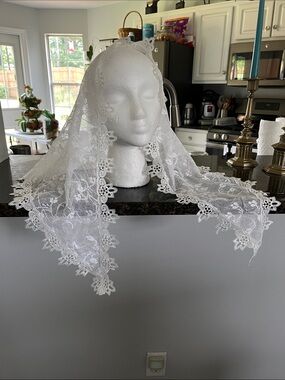Delicate White Lace Floral Mantilla Veil Adorned With Trim